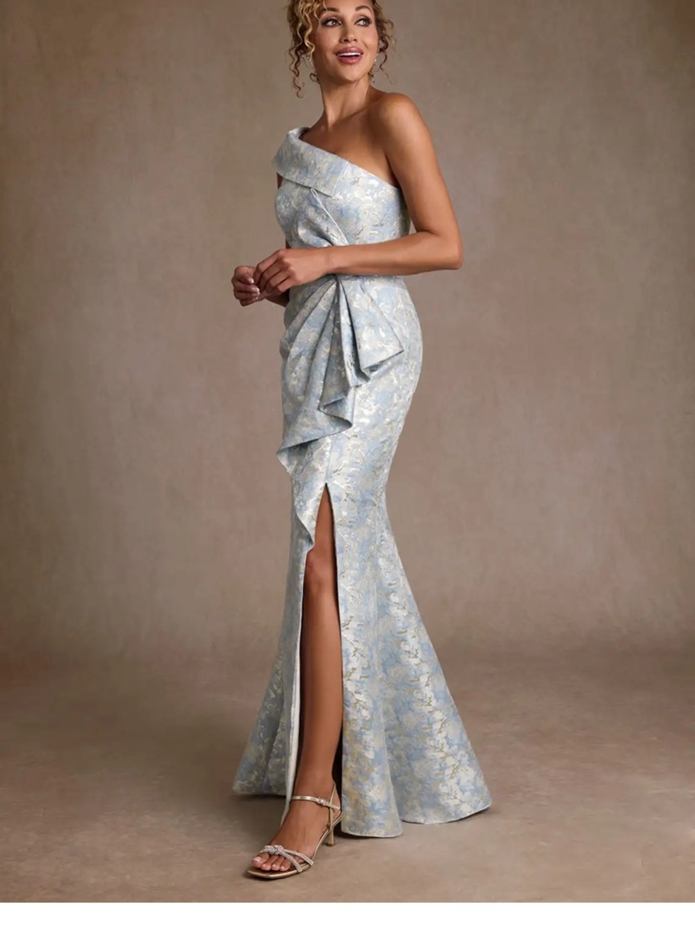 Azazie One-Shoulder Floral Jacquard Gown in Light Blue and Silver - Picture 5 of 6